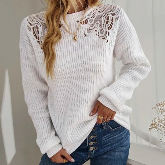 Boho Casual lace detailed Knit Sweater Top white